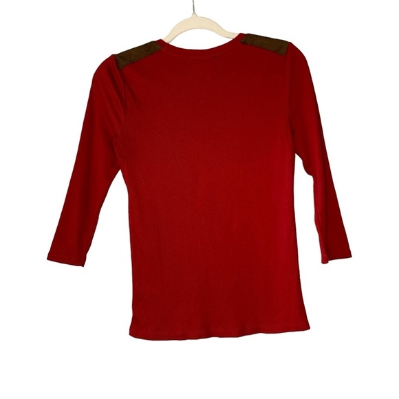 Lauren Ralph Lauren red ribbed knit long sleeve top with suede shoulder. Size M - Picture 2 of 8